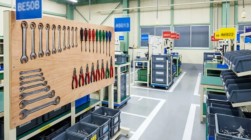 工場の5S活動により工具や部品が形通りに収納されラベル付けされた、整理整頓の行き届いた収納ボードのクローズアップ写真