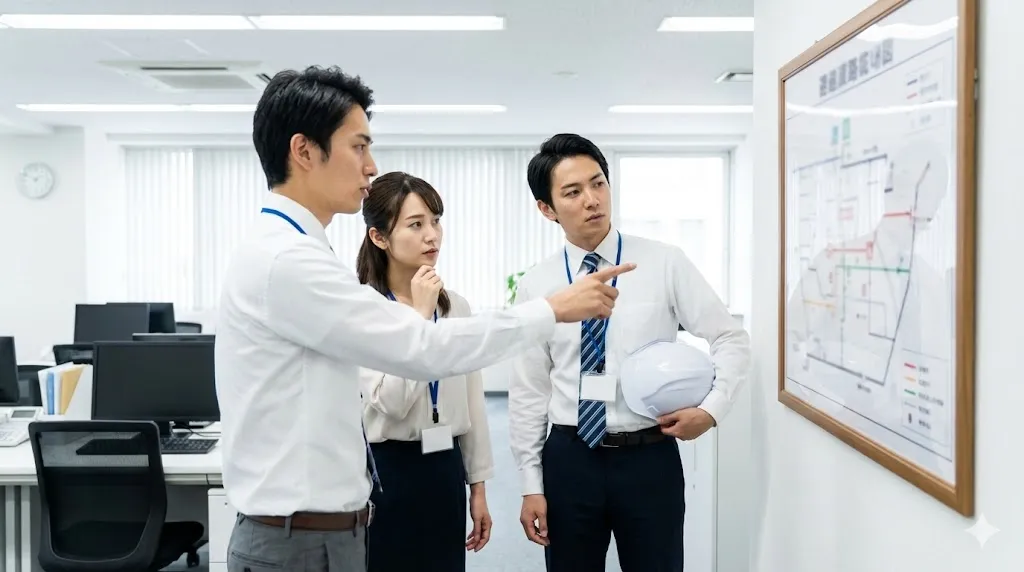 避難経路図を確認しながら防災打ち合わせを行う従業員たちの様子