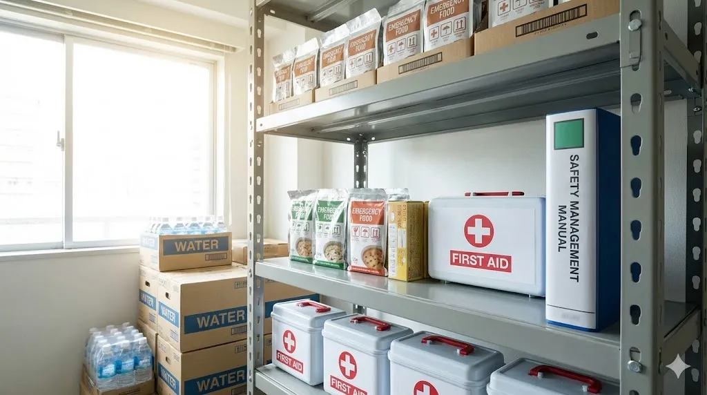 オフィスの備蓄品と安全管理マニュアルが並んだ保管棚