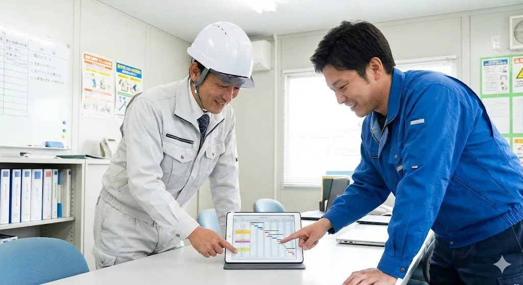 タブレットで最新の工程情報を共有し、合意形成を行う現場監督と協力会社の担当者