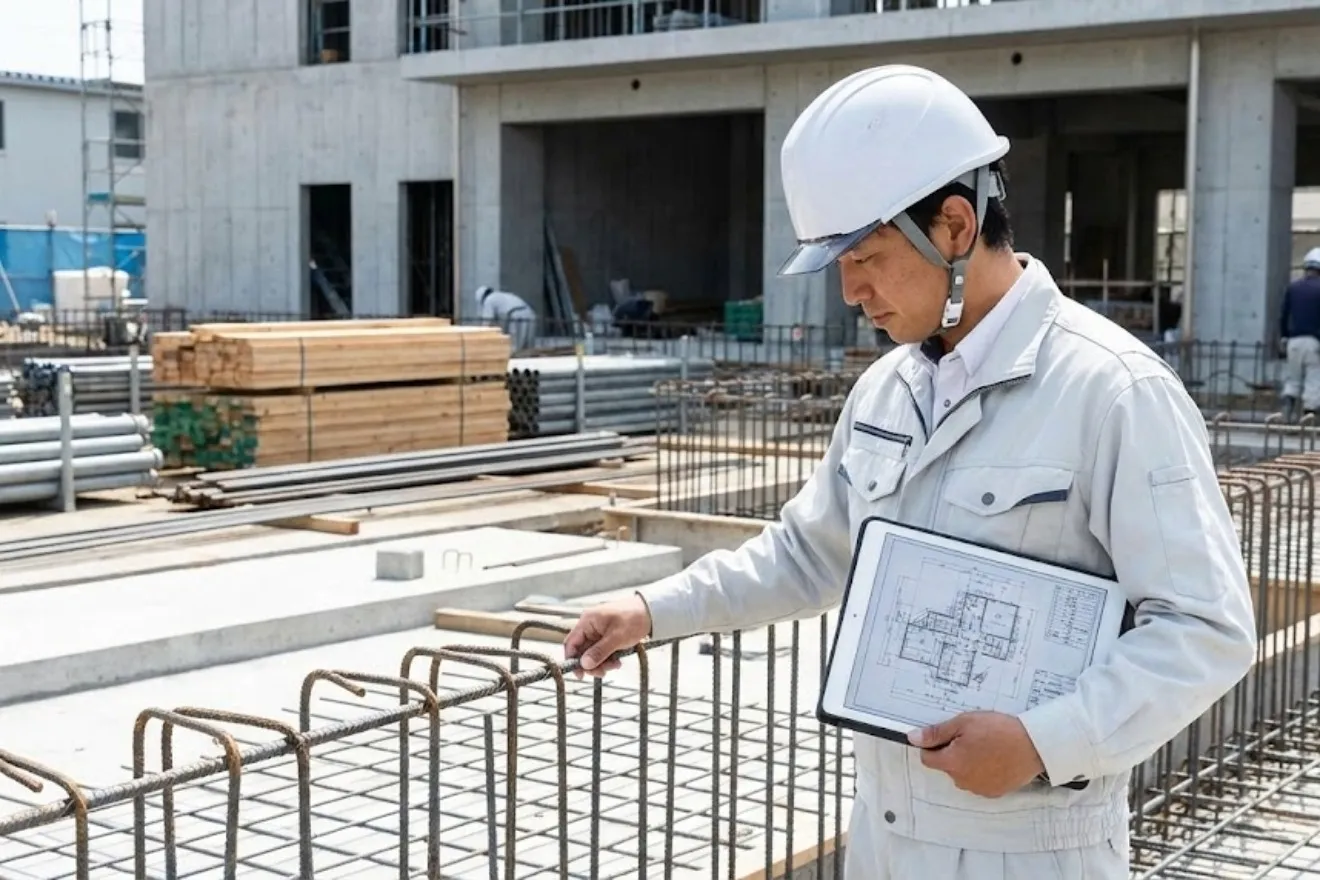 建設現場にて、白いヘルメットを着用した現場監督が、手元のタブレットに表示された設計図面と照らし合わせながら、鉄筋の配筋状況を厳密に検査している様子。