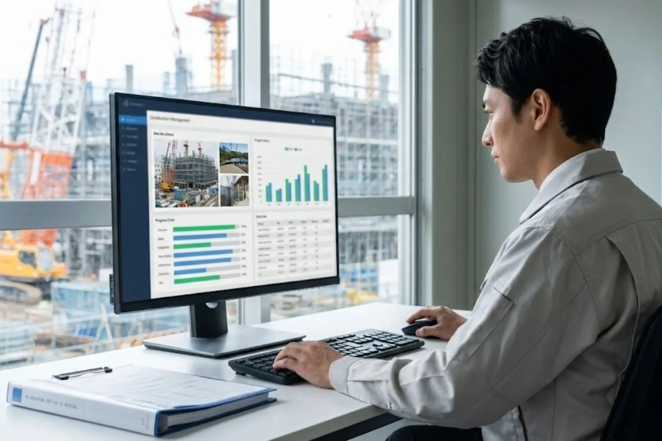建設現場の事務所において、技術者が大型モニターに表示された最新の施工管理アプリの画面を確認している様子。