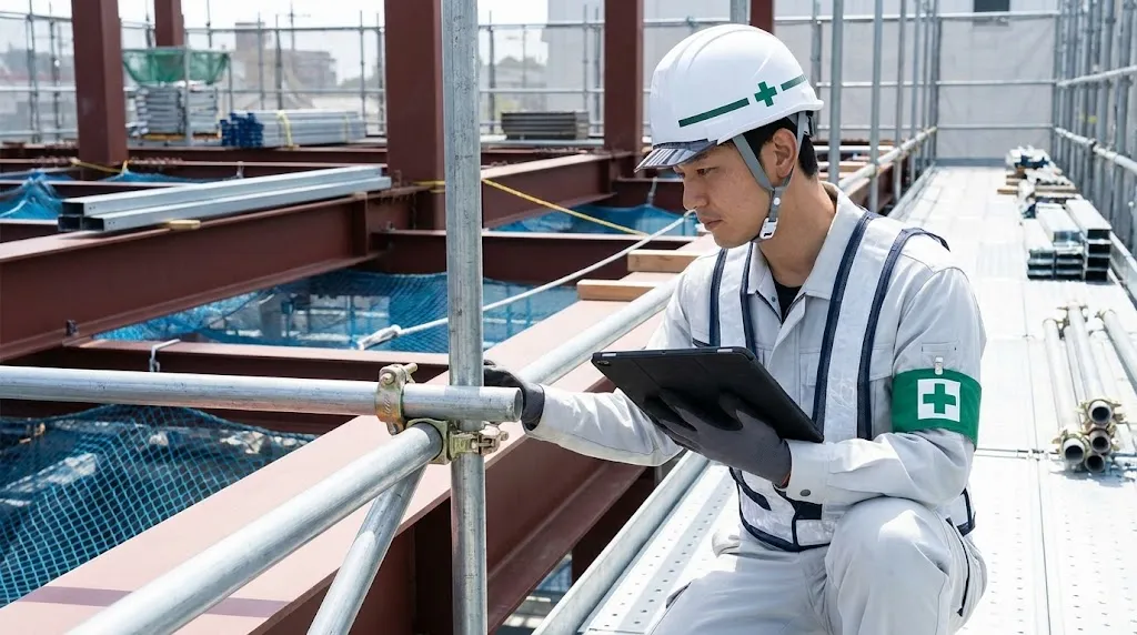 建設現場で周囲を確認し安全巡視を行う安全管理者
