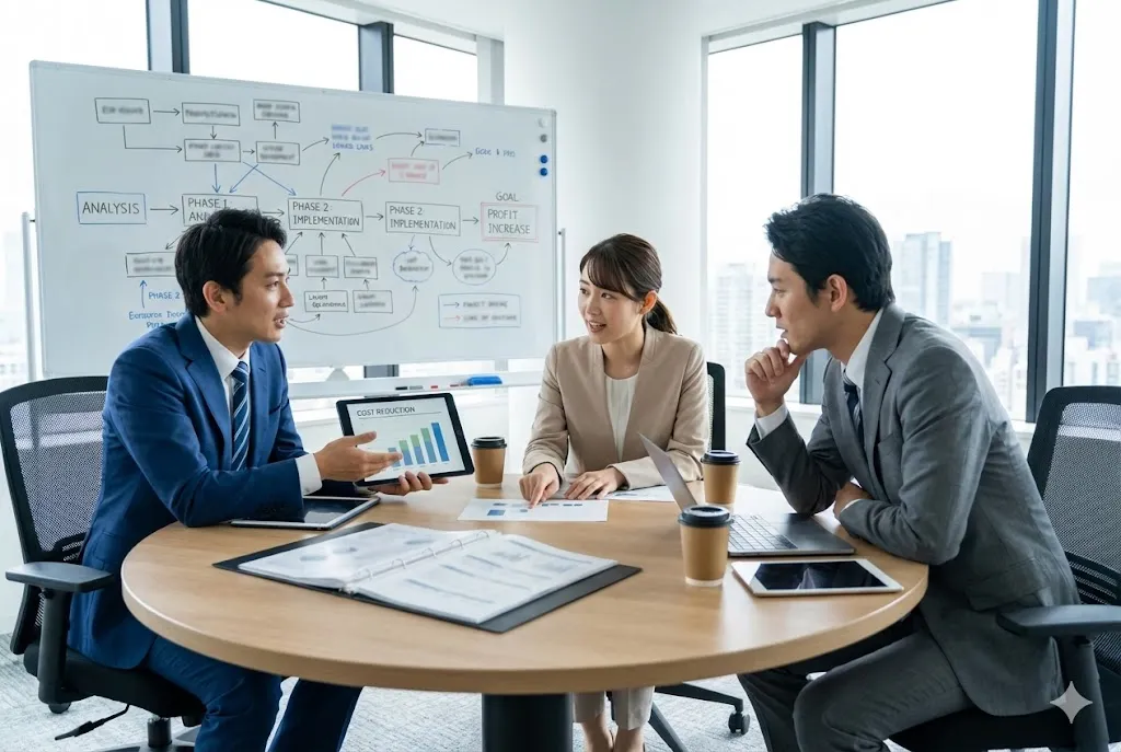 部門を越えてコスト削減対策と原価管理の徹底について議論する社内ミーティングの風景