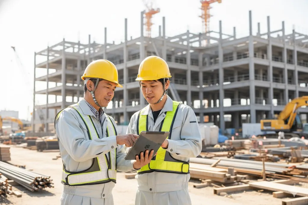 建設現場でタブレットを使い工程管理について話し合う現場監督と作業員