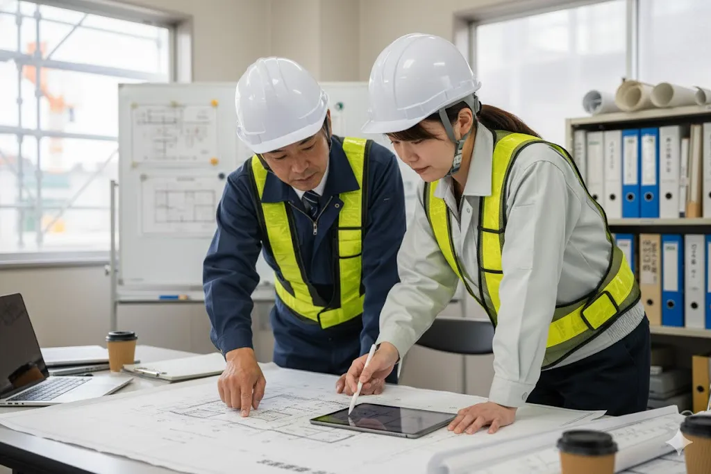 建設現場で施工計画書について議論する二人の技術者