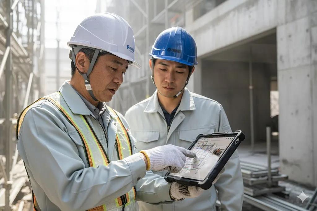 タブレット端末を使いながら技術指導を行うベテラン技術者と若い作業員