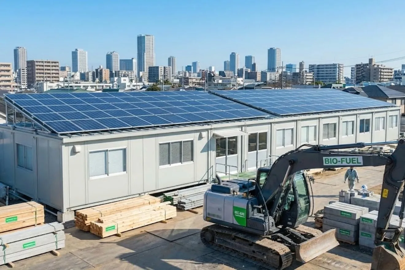 環境配慮型の重機と太陽光発電システムを備えた最新の建設現場風景