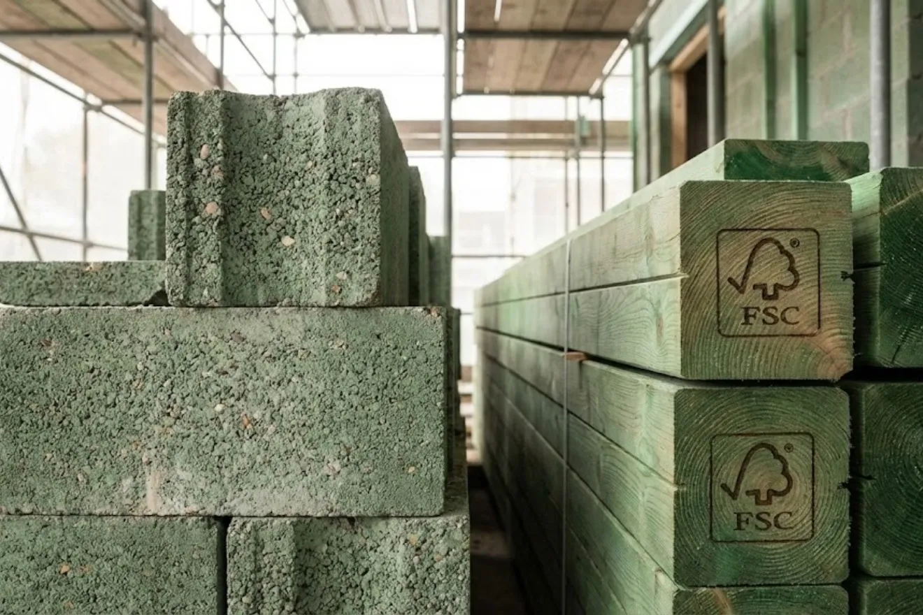 現場に搬入されたFSC認証木材と環境配慮型コンクリート資材のクローズアップ