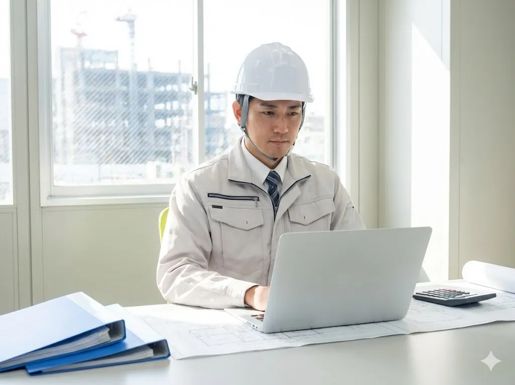 建設業の入札参加に向けてパソコンで手続きを進める経営者