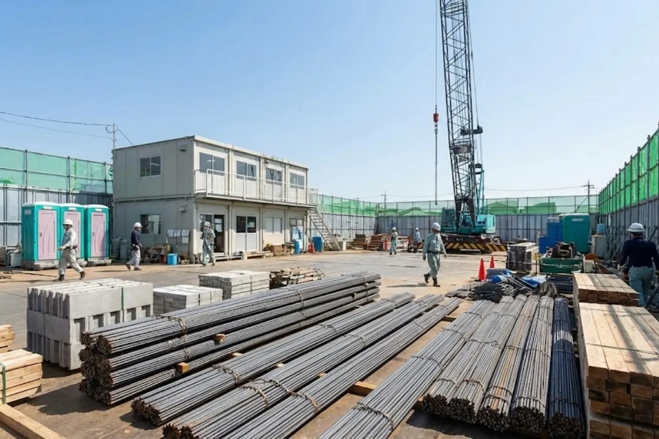 直接工事費に該当する資材と間接工事費に該当する現場設備が混在する建設現場