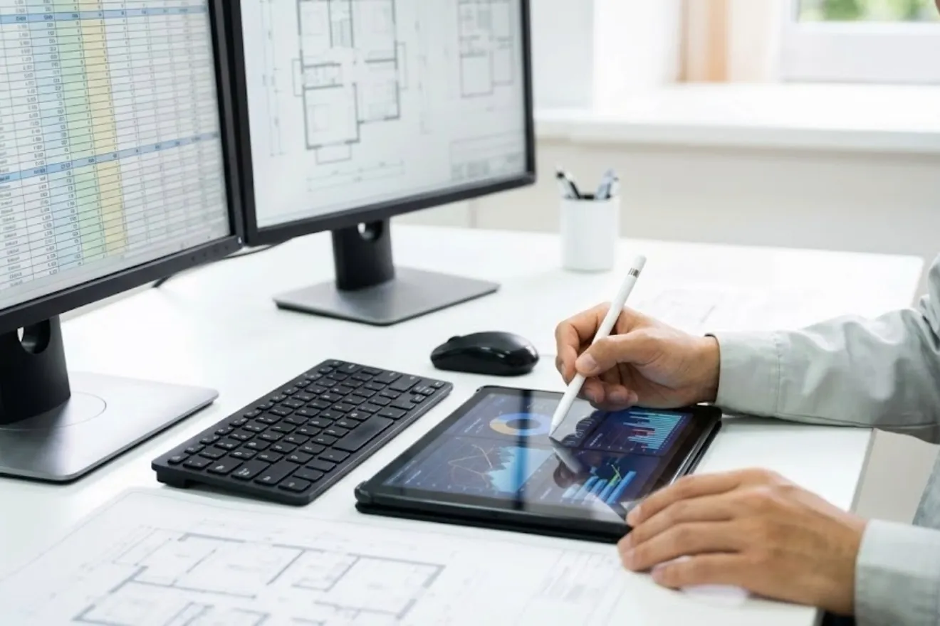 PCを使用して複雑なコスト分析を行う積算技術者の様子