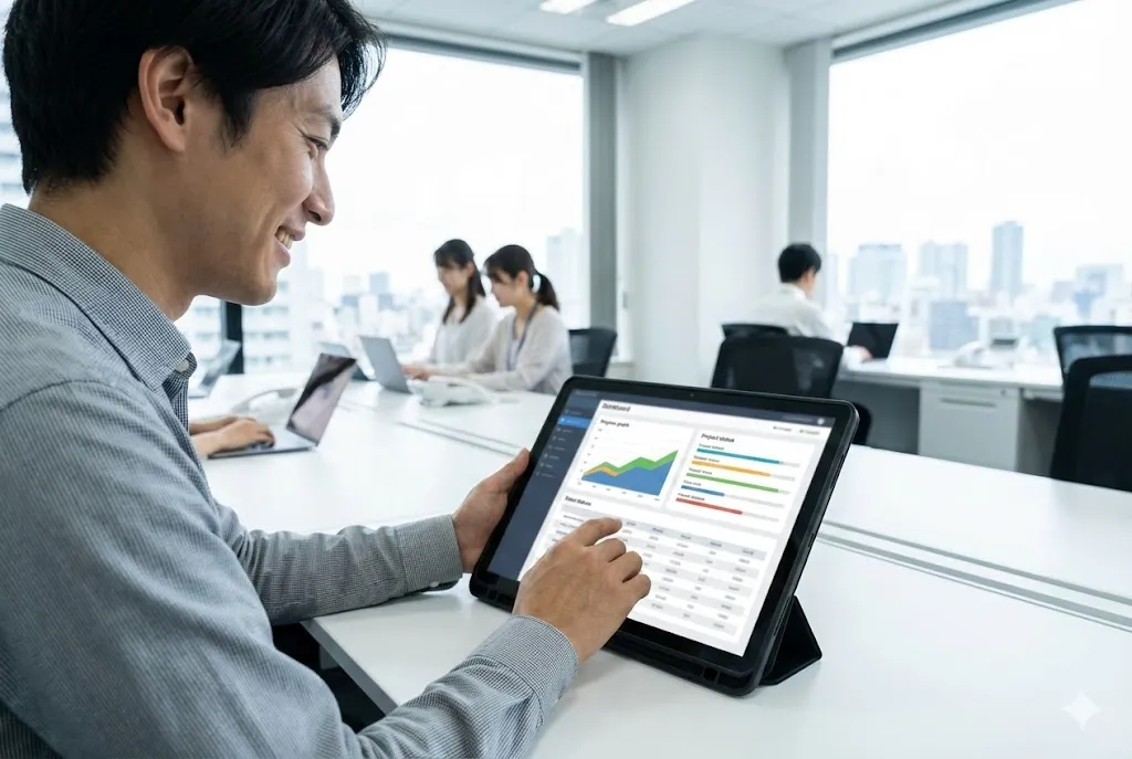 クラウドシステムを活用して効率的に届出業務を行う建設会社の社員