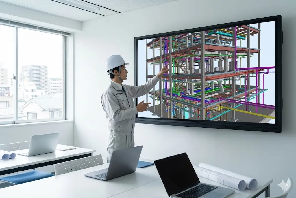 最新の設備が整った明るい建設事務所で、エンジニアが大型のタッチパネルモニターを操作して建物の3D構造モデルを確認している様子