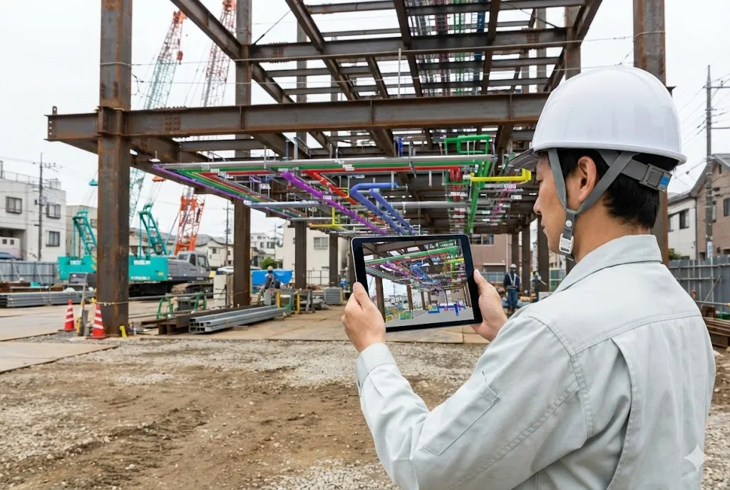 建設現場の鉄骨構造の前で、技術者がタブレット端末を使用してAR技術によりデジタル図面と現実の施工箇所を照合している様子