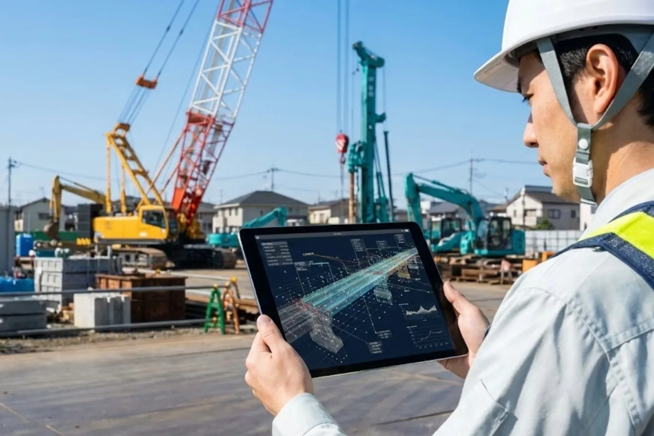 建設現場のタブレットに表示された3D橋梁モデルとデータの重なり