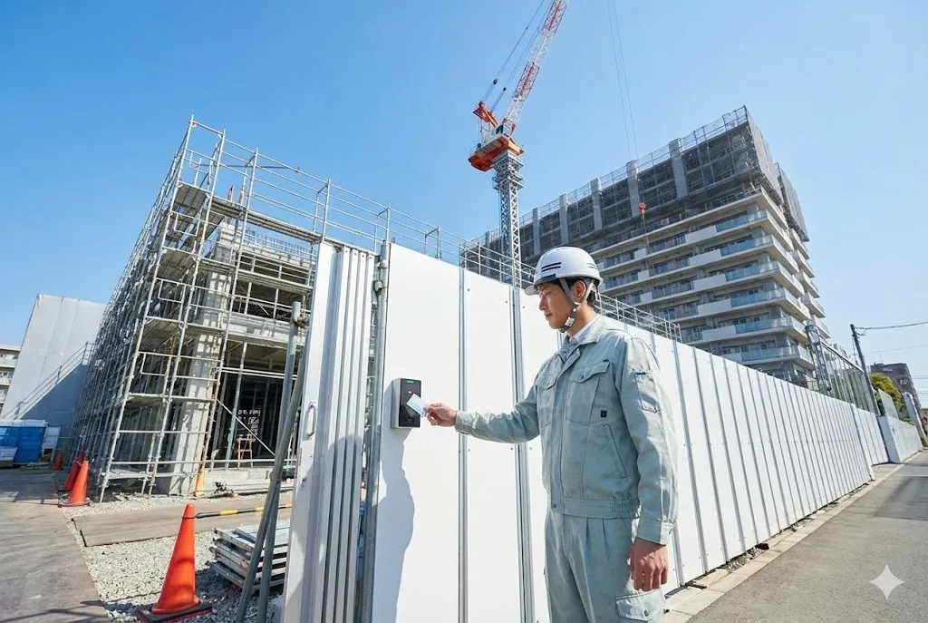 建設現場の入り口でICカードを専用リーダーにかざし就業履歴を記録する技能者の様子