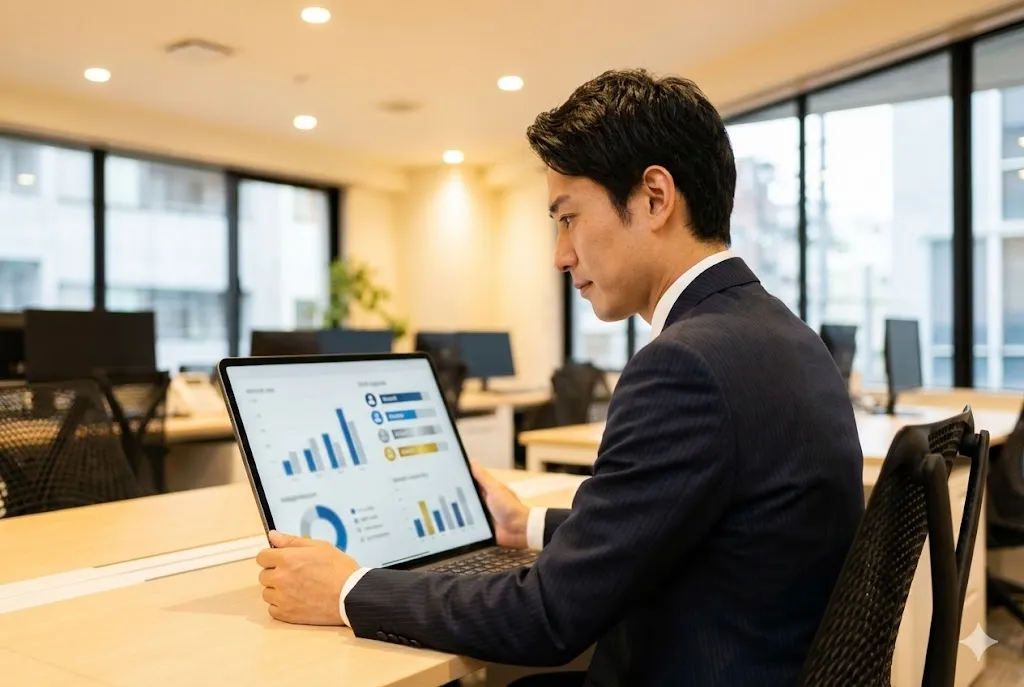 パソコン画面で技能者のキャリアデータや資格の有効期限を確認し管理業務を行う事務スタッフ