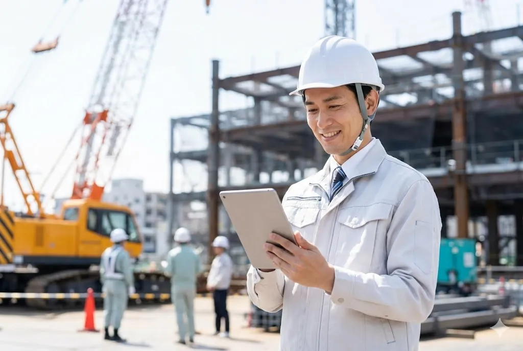 最新のタブレット端末を持ち、建設現場で自信に満ちた表情で業務に取り組む技術者