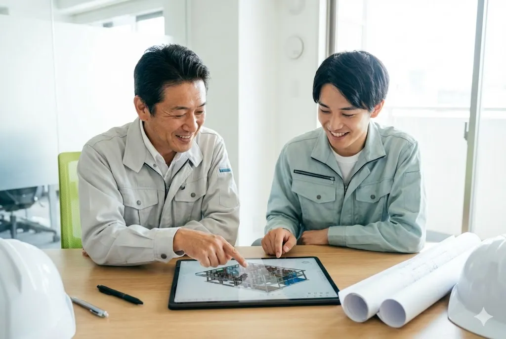 明るい会議室でベテランと若手がタブレット端末を囲み、笑顔で議論しながら教育に取り組む様子