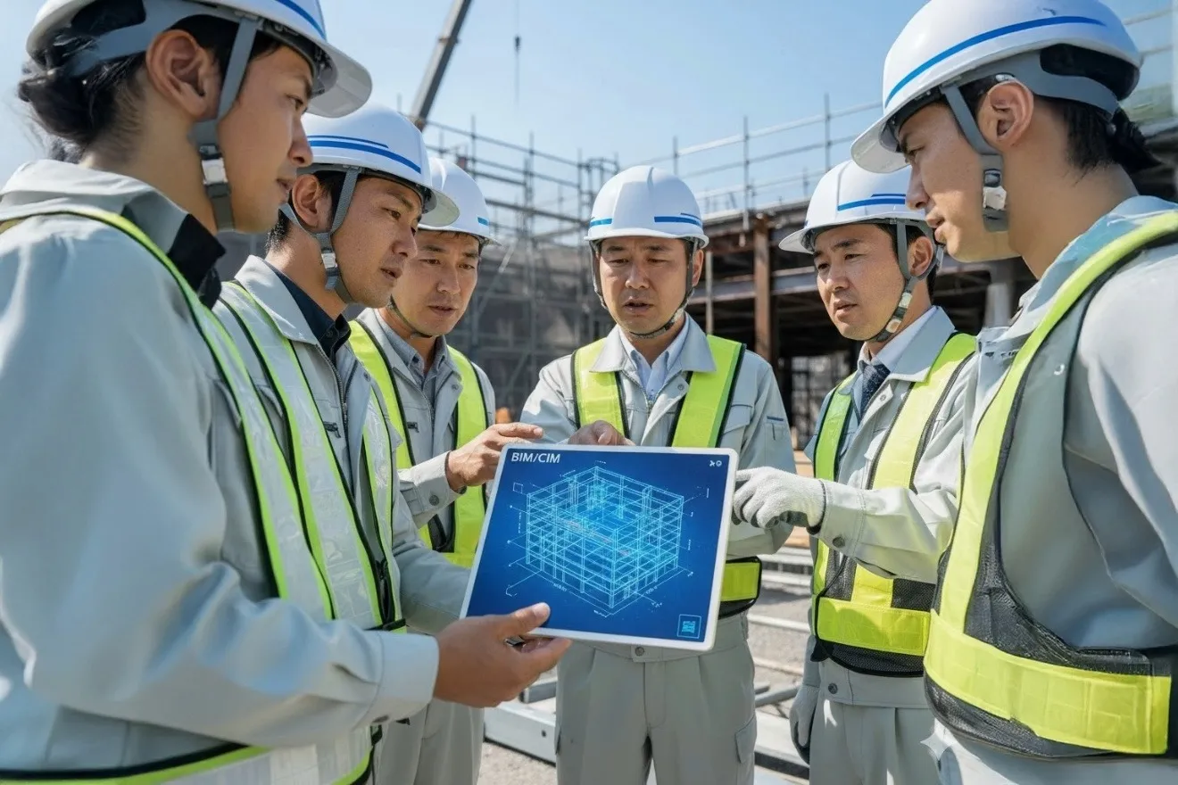 タブレットで3Dデータを確認する建設技術者たち