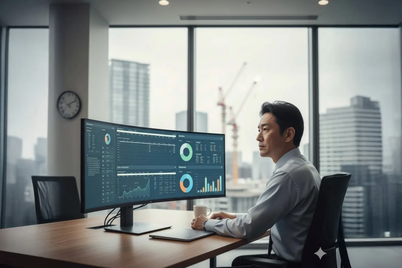 DX・IT導入のコストや人材について検討する建設会社の管理職