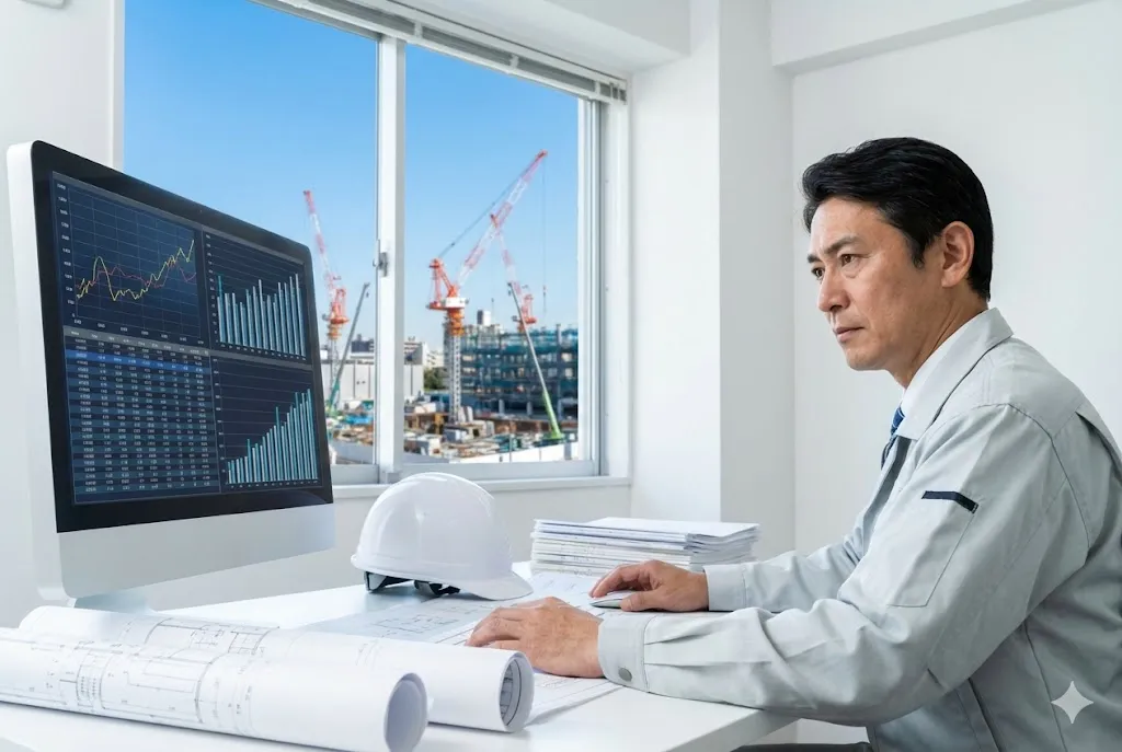 オフィスで会計データを確認する経営者の様子
