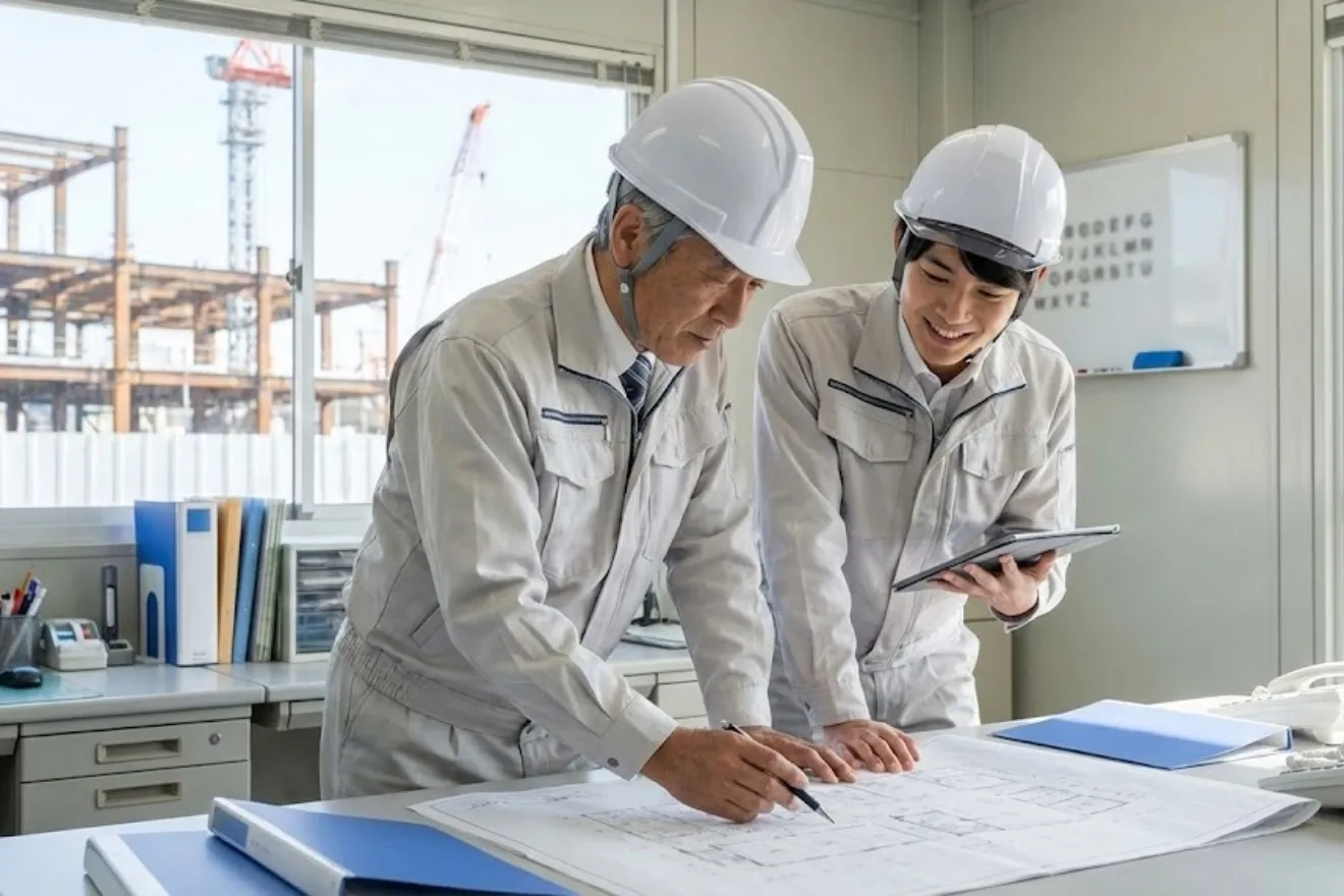 建設事務所で図面を確認しながら面談する現場監督と若手社員
