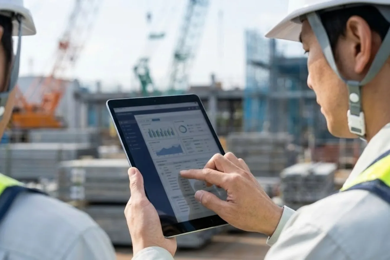 建設現場でタブレット端末を使用して業務報告を行う作業員の手元