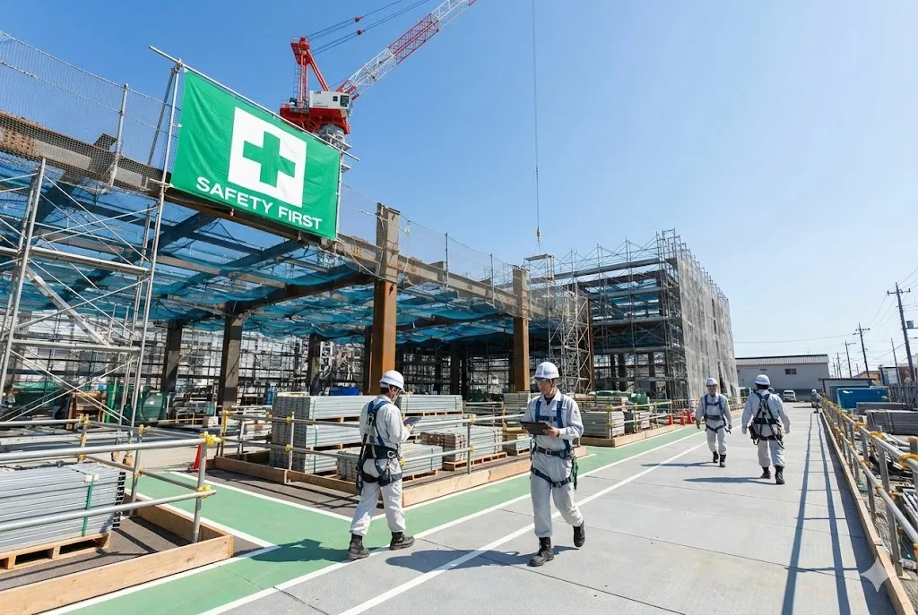 日本の現代的な建設現場における安全管理の様子