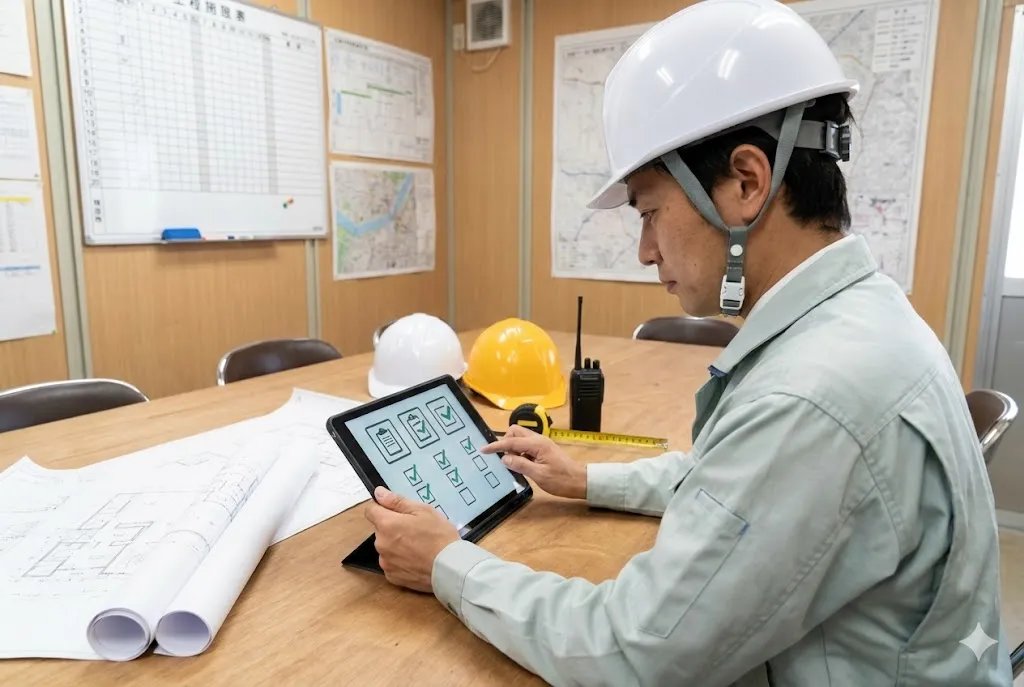 現場責任者がタブレットで安全管理チェックリストを確認している様子