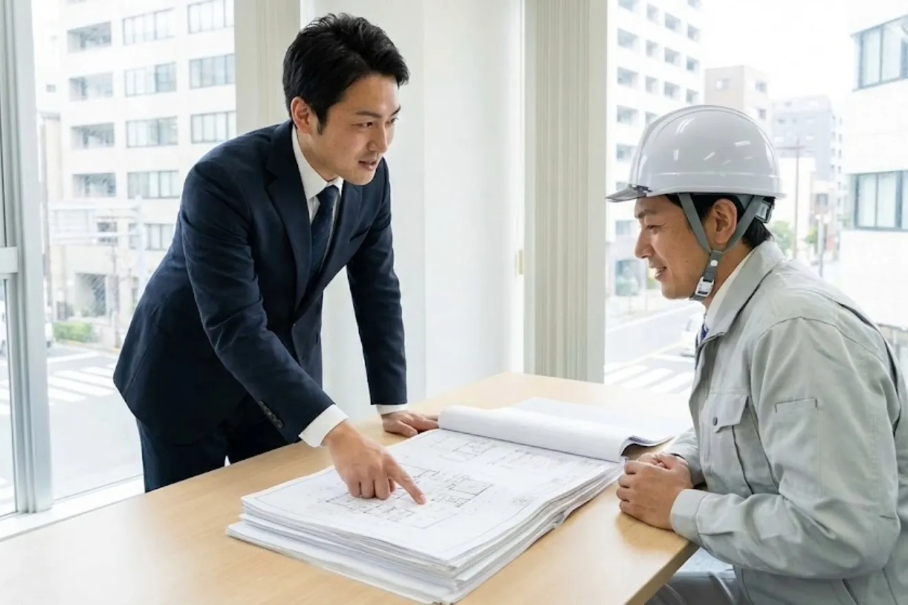行政書士が建設会社の代表者に許可申請の手順を詳しく解説しているシーン