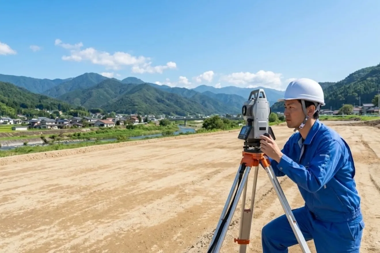 地方の豊かな自然を背景に最新の測量機器を用いて道路工事を行う建設技術者