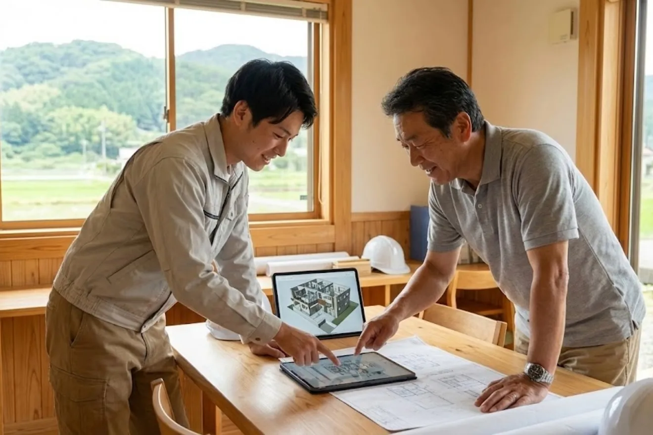 最新のデジタル機器を活用して図面を確認し打ち合わせを行う地方建設会社のスタッフ