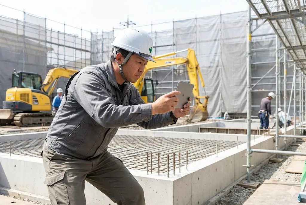建設現場でヘルメットを着用した現場監督がタブレットで施工状況を撮影する様子