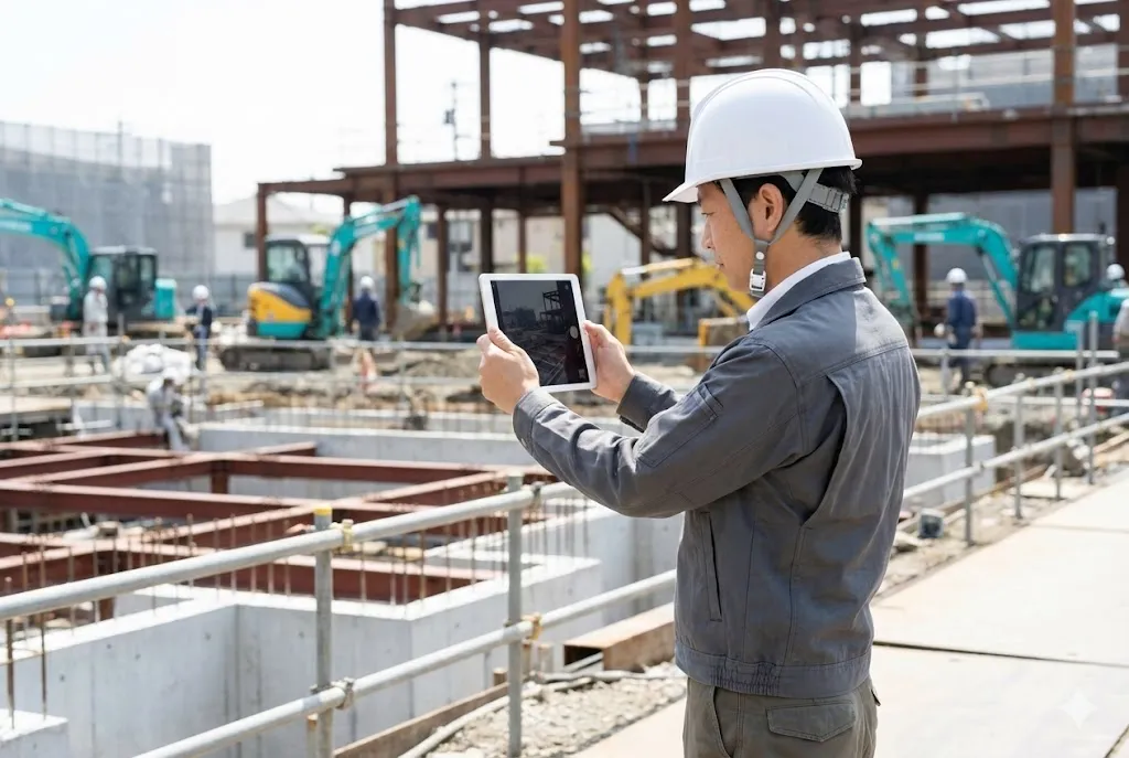 清潔なオフィスで最新の工事写真管理ソフトを使用して事務作業を行う様子