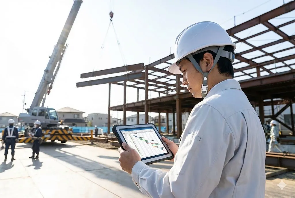 タブレット端末で最新の工程表を確認している現場代理人の写真