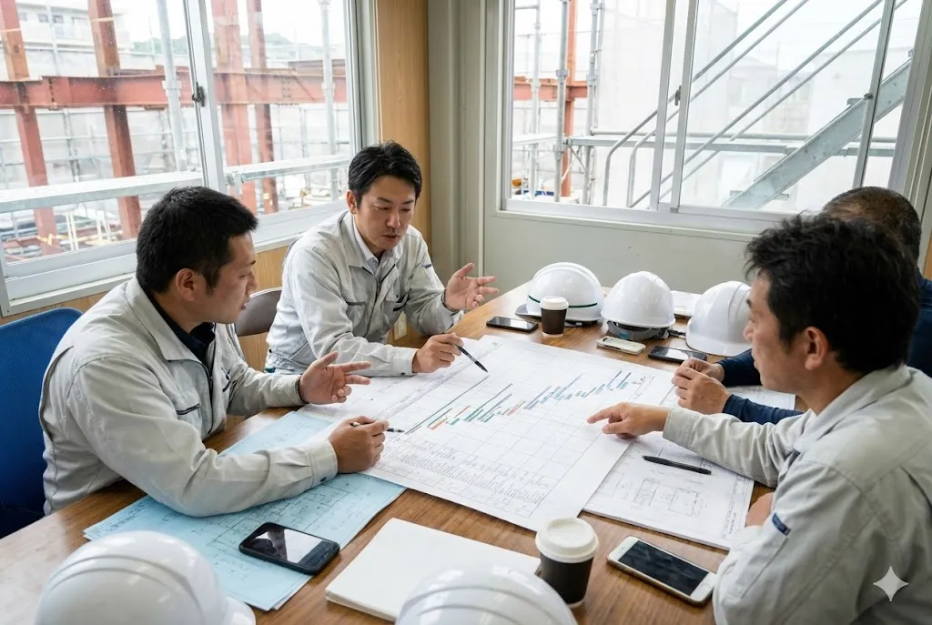 事務所で大きな工程表を囲んで職長たちと打ち合わせをする現場代理人の写真
