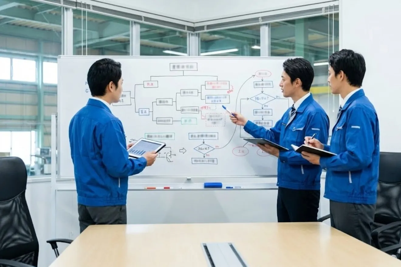 ホワイトボードを使って品質不良の根本原因を分析するエンジニアたちの議論風景