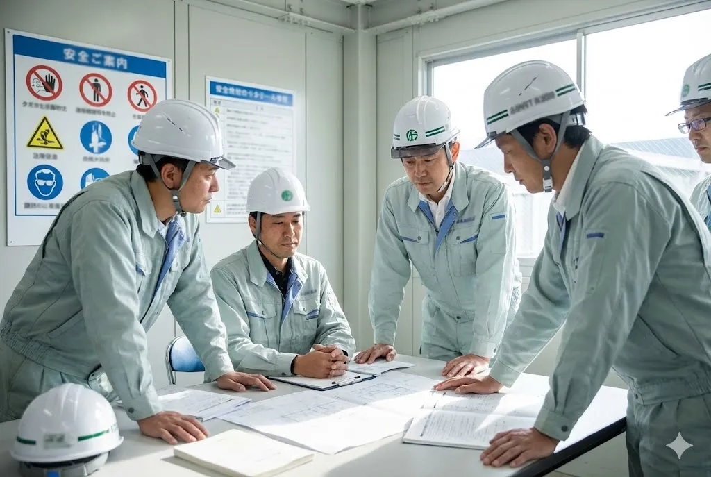 建設現場の事務所で元請と下請の代表者が安全管理について打ち合わせを行う様子