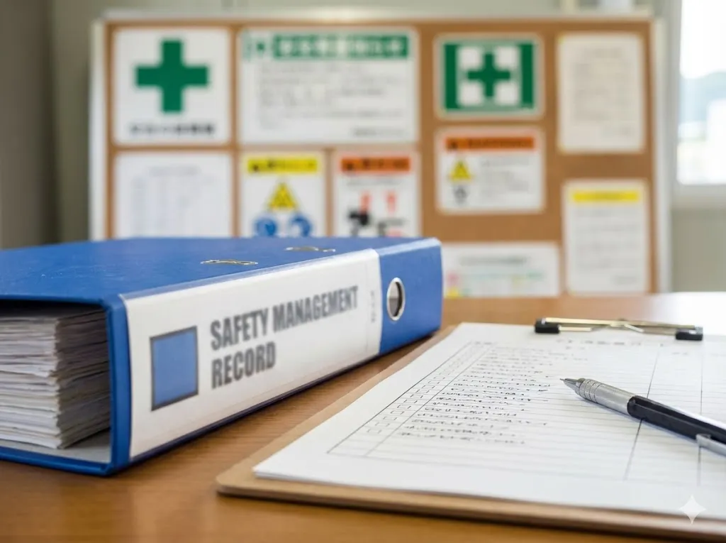 工事事務所の机に置かれた安全管理記録のバインダーと書類一式