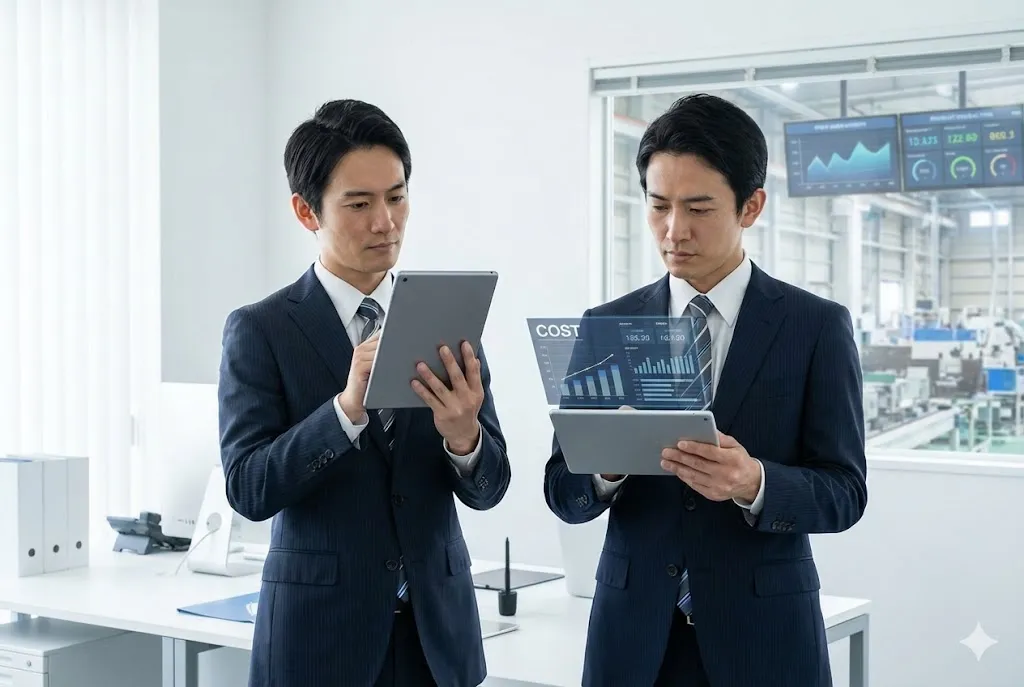 明るくモダンなオフィスで、タブレット端末を手に持ちながら真剣な表情でデータの数値を確認しているビジネスパーソンの写真。背景には整理整頓されたデスクと、遠くに生産現場のモニターが見える。清潔感があり、プロフェッショナルな雰囲気。