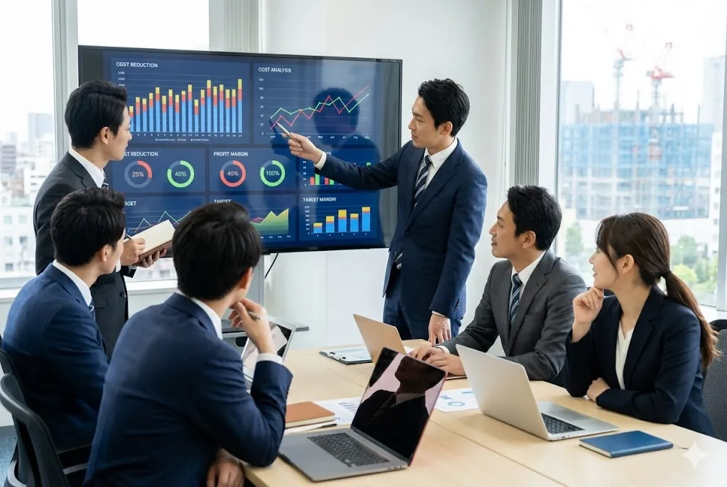 会議室で、大きなモニターに表示された色鮮やかなグラフやダッシュボードを指差しながら、複数人のチームメンバーが戦略を話し合っている様子。自然光が差し込む明るい室内で、データに基づいた議論が行われている信頼感のあるシーン。