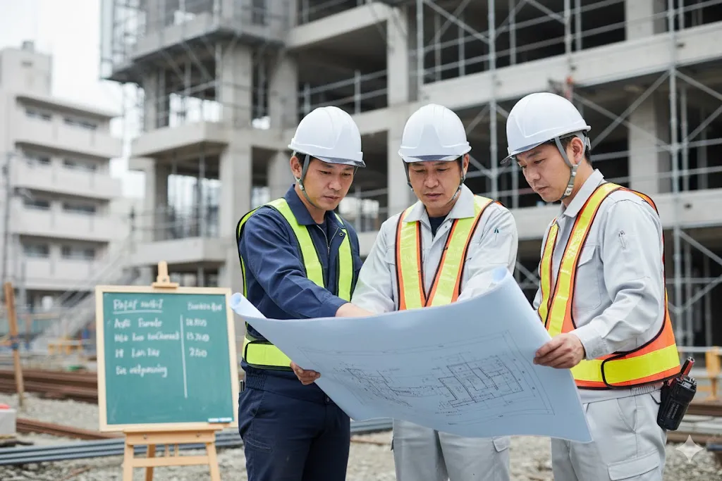 建設現場で図面を確認する作業員たち