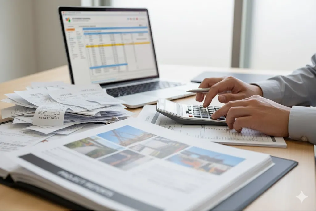 会計ソフトと電卓を使って経理処理を行う手元