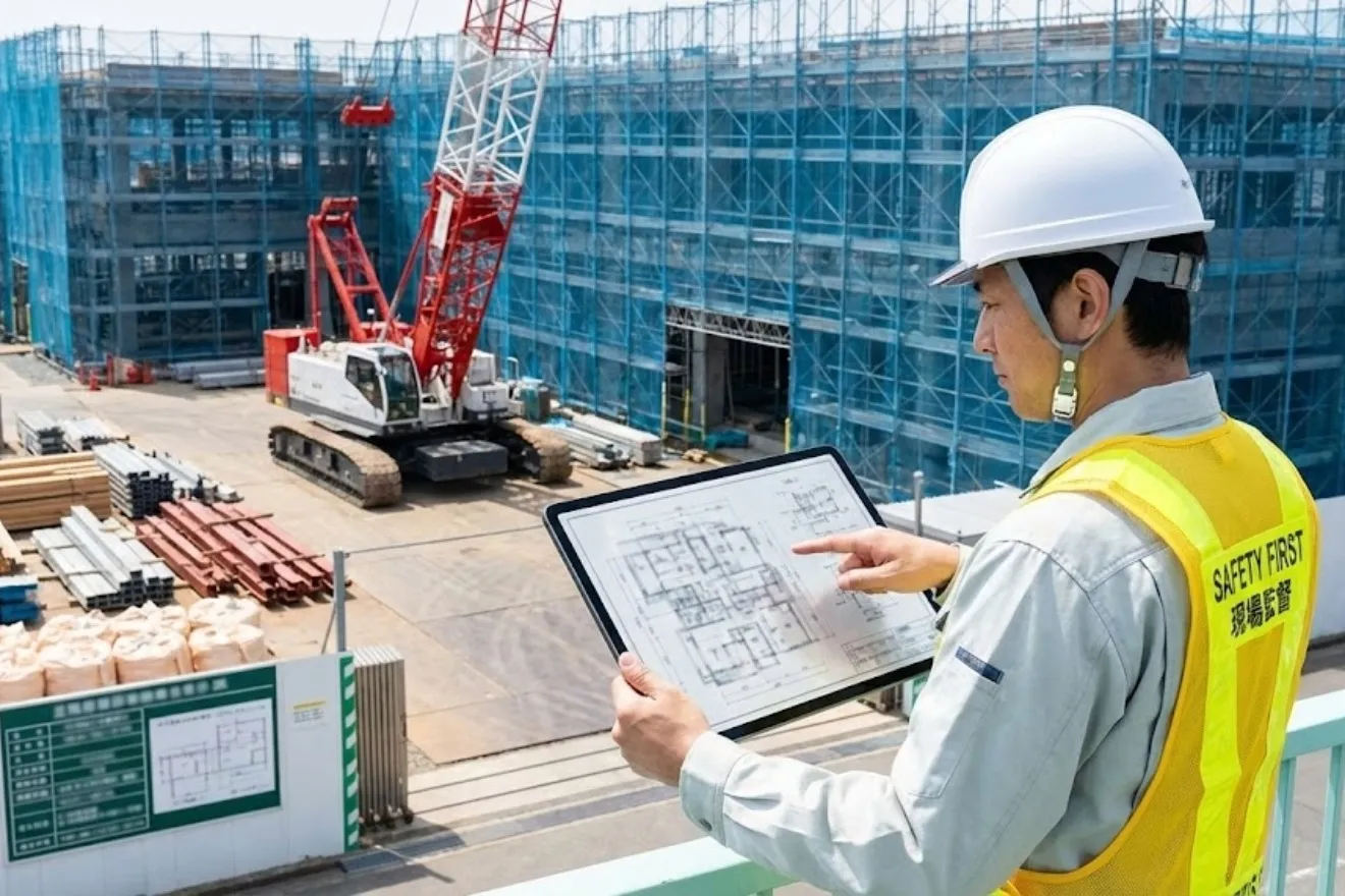 建設現場でタブレット端末を使い施工計画を確認する現場監督