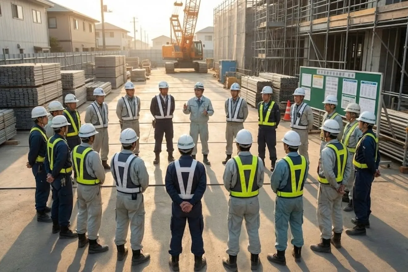 現場で朝の安全ミーティングを行う作業員たち