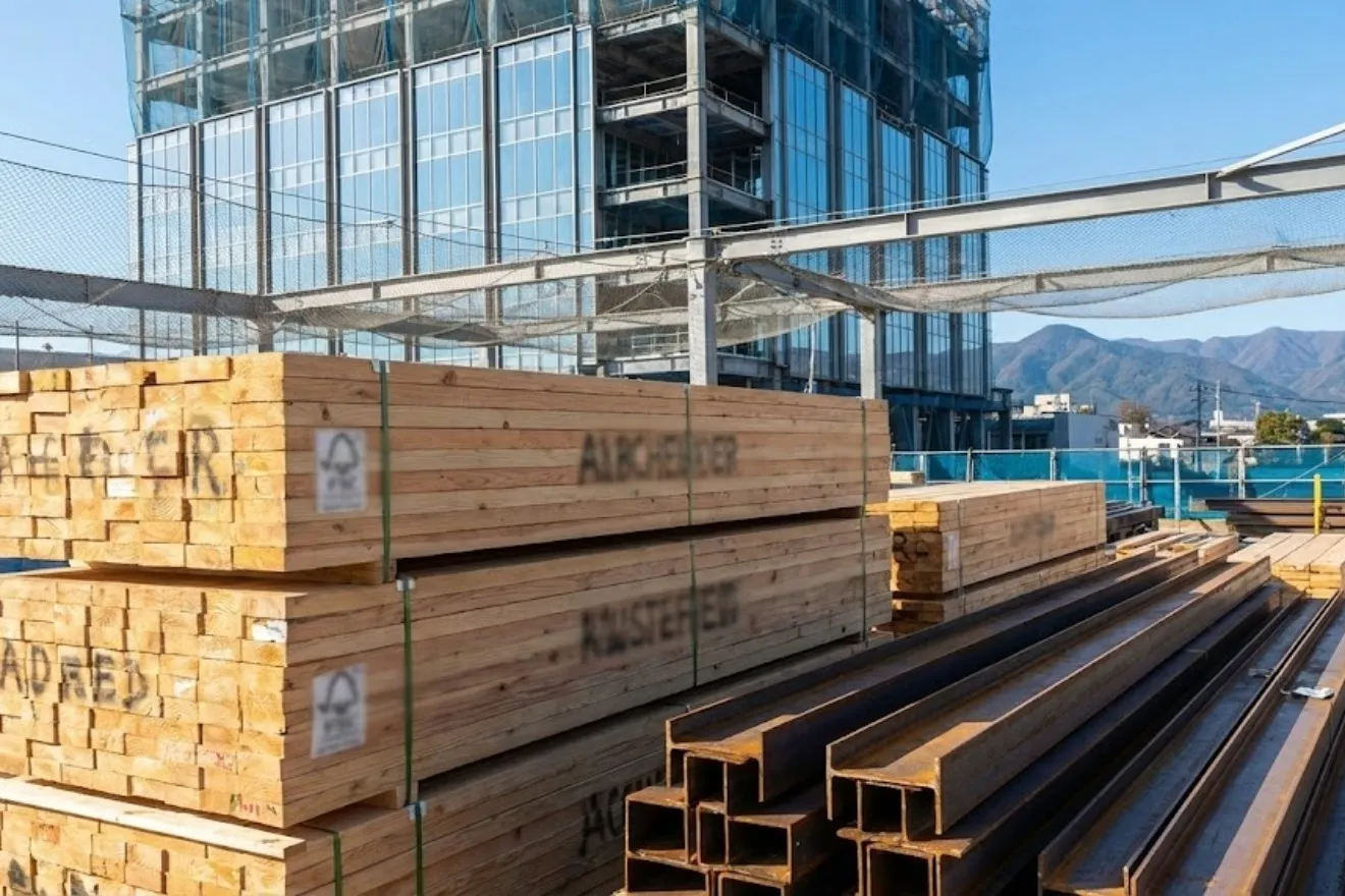 再生資材の質感と近代的な建設現場の対比を捉えたプロフェッショナルな写真