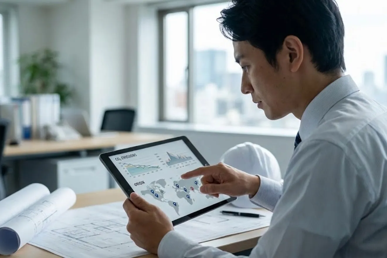 タブレットで資材の供給網と環境データを分析する建設マネージャーのイメージ