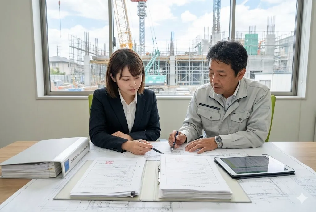 建設会社の担当者がデスクに書類を並べて内容を照合している様子